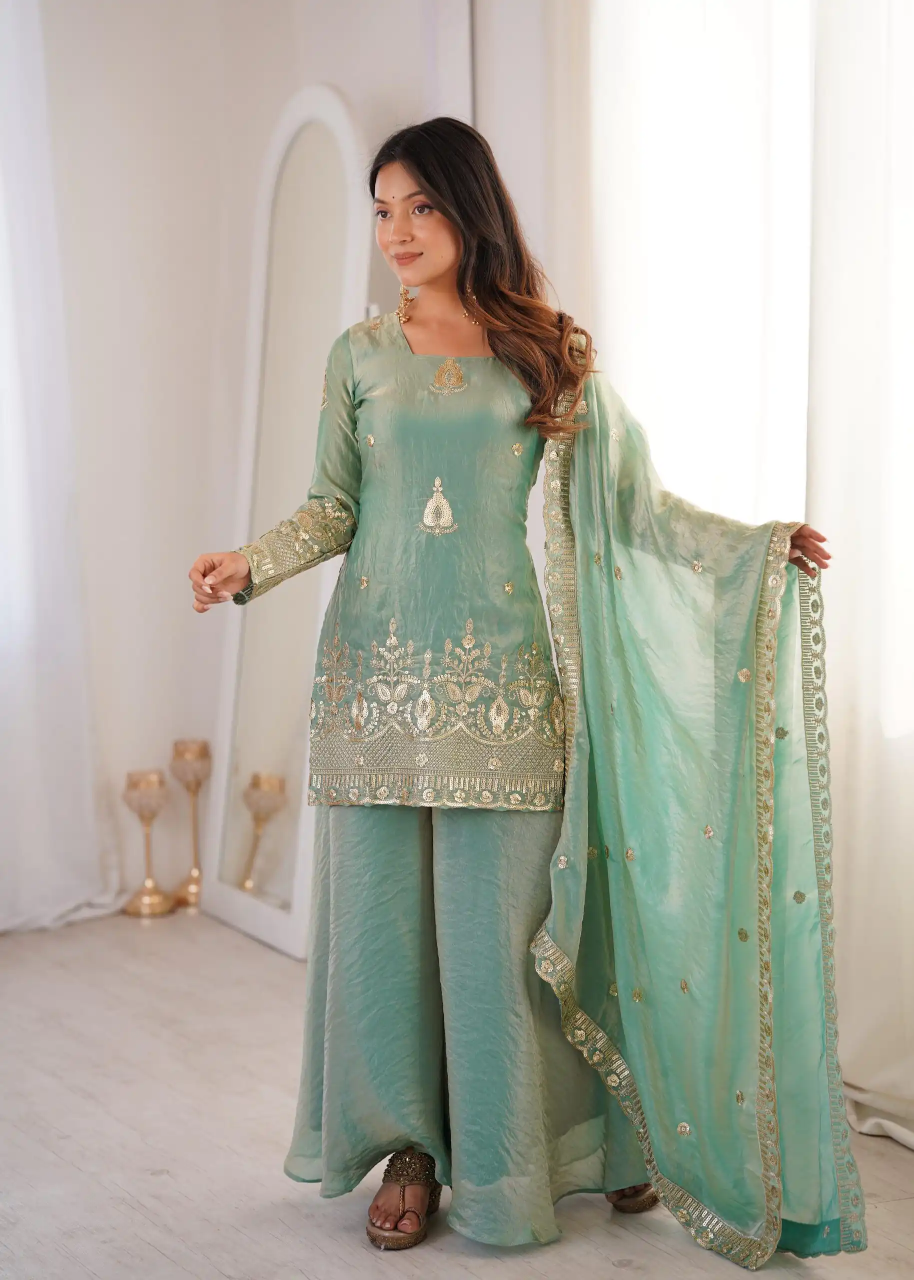 Stunning Sea Green Fendy Silk Embroidery Work Salwar Suit