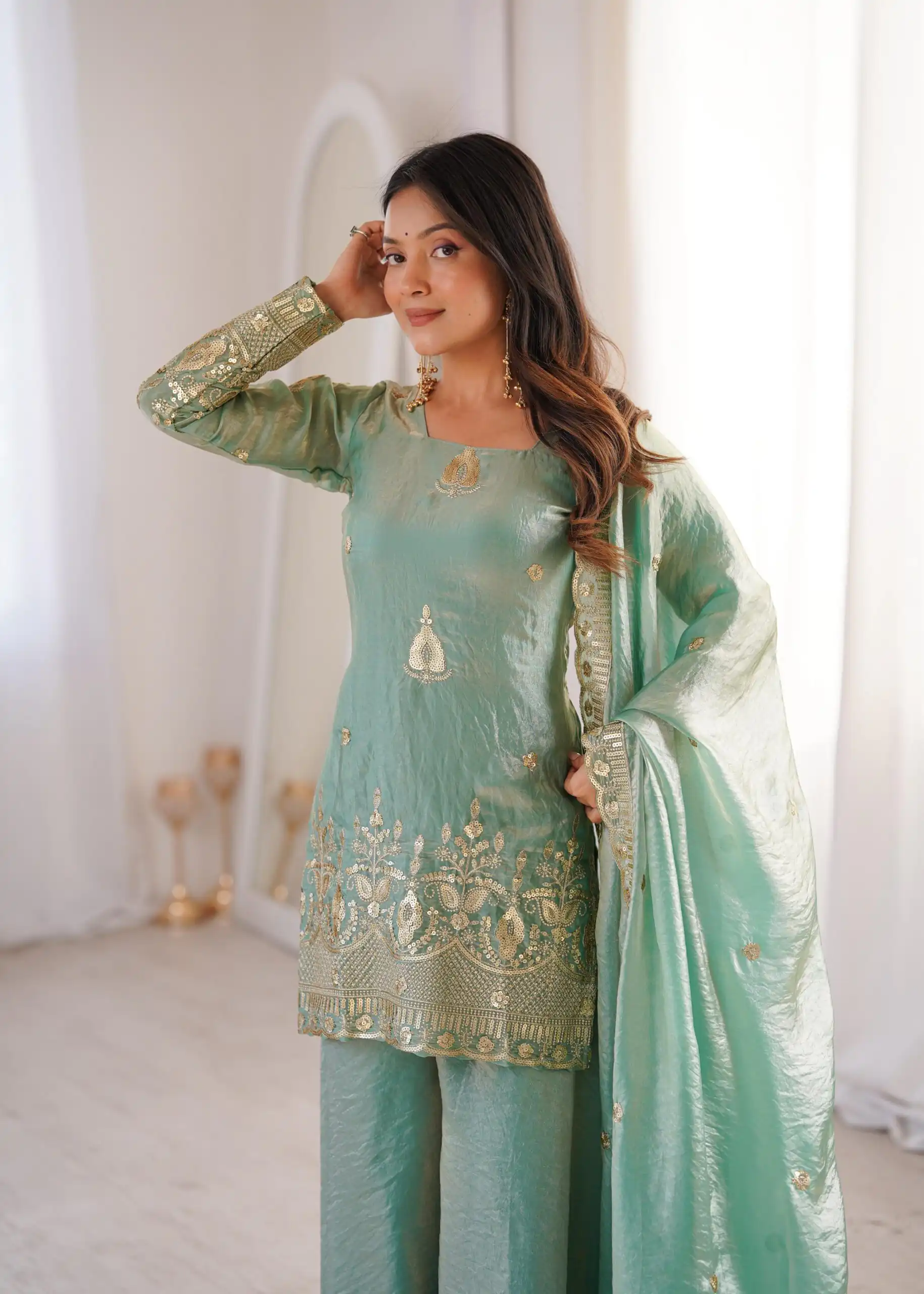 Stunning Sea Green Fendy Silk Embroidery Work Salwar Suit - Image 7