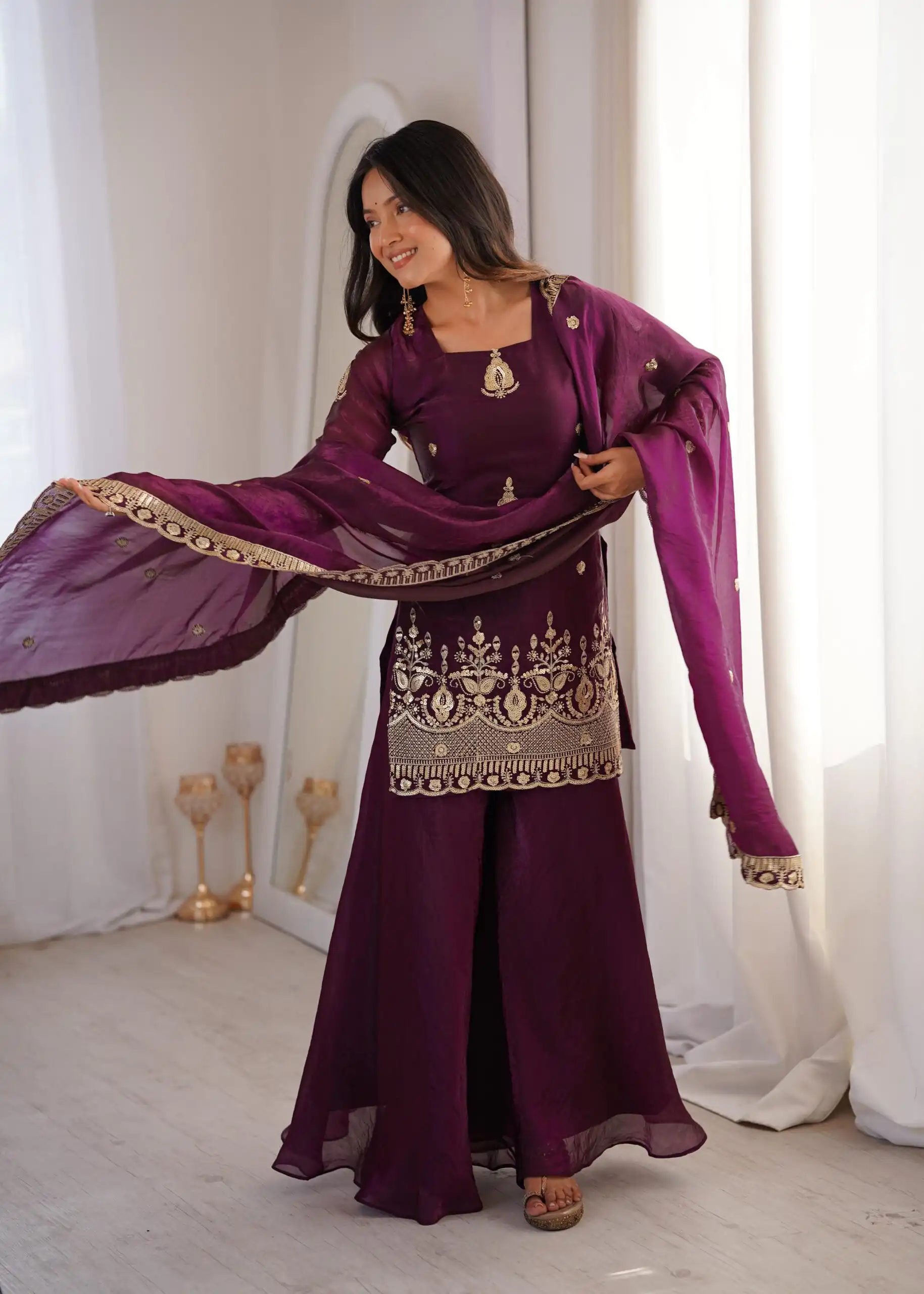 Stunning Wine Fendy Silk Embroidery Work Salwar Suit - Image 7