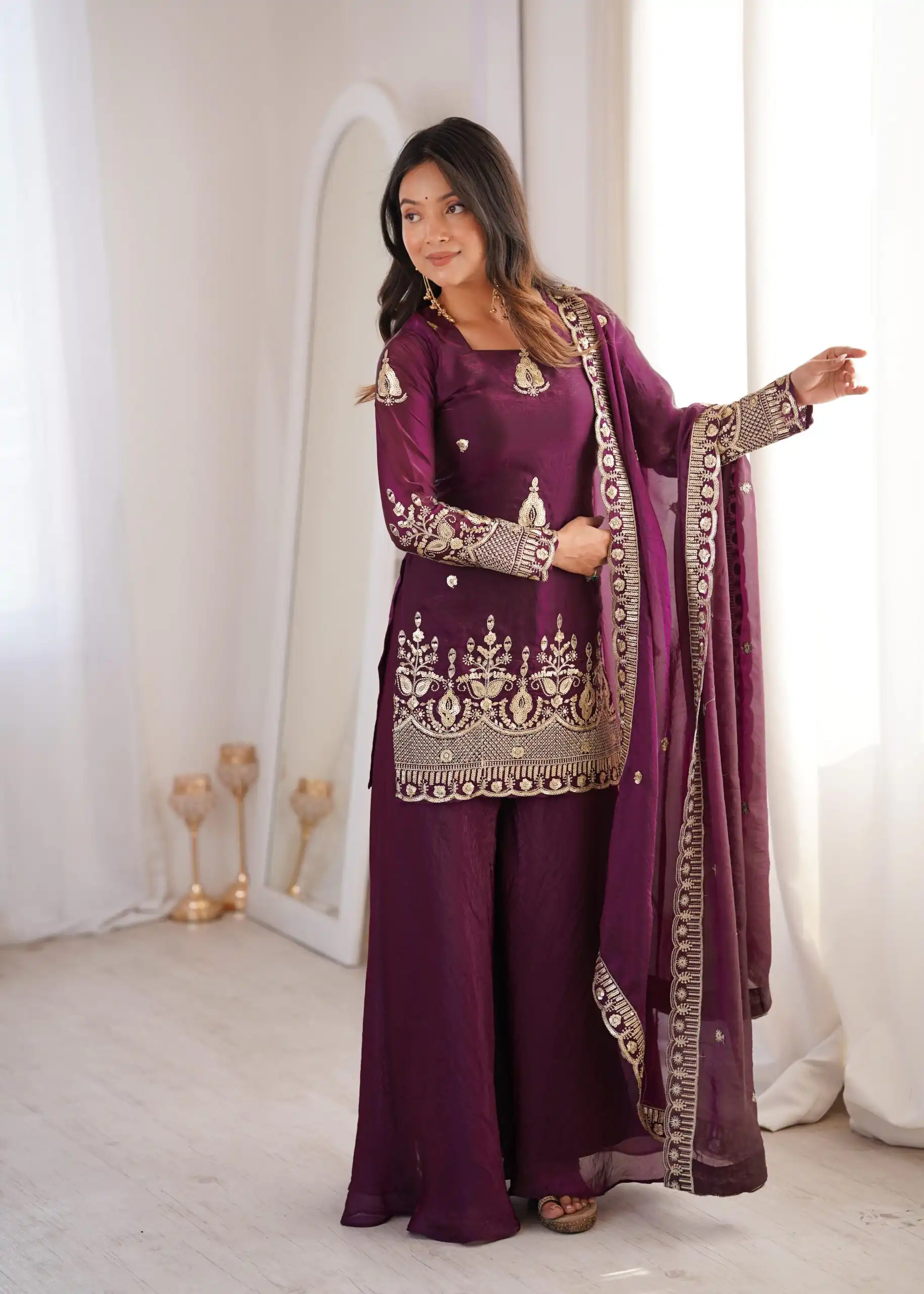 Stunning Wine Fendy Silk Embroidery Work Salwar Suit - Image 4