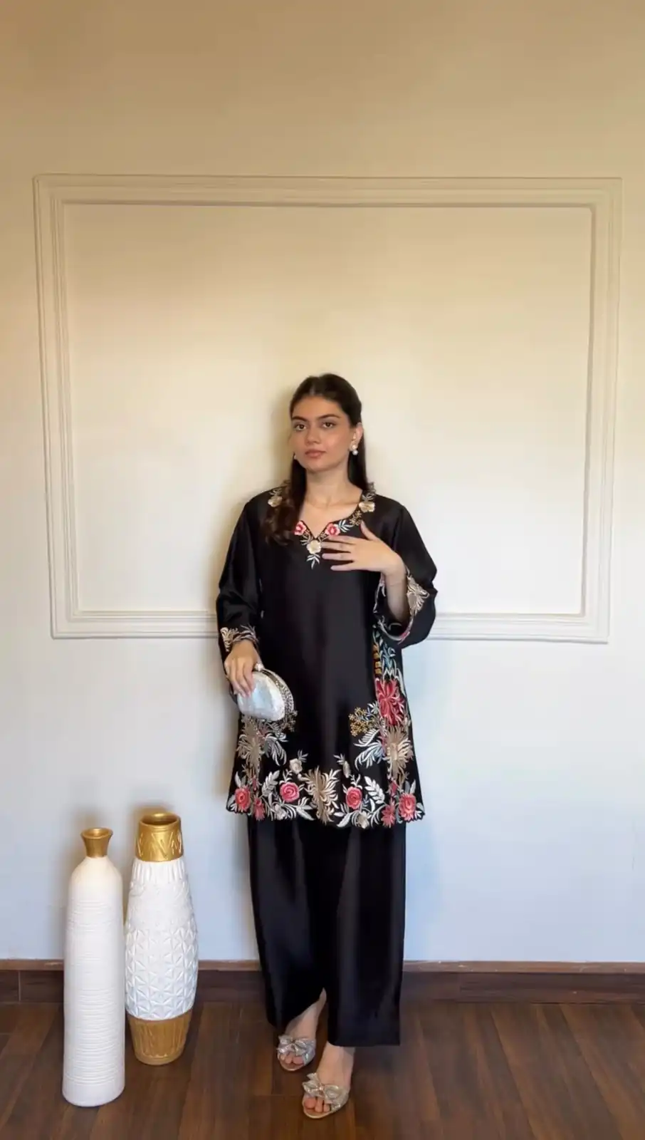 Stylist Black Rayon Satin Thread Work Salwar Suit