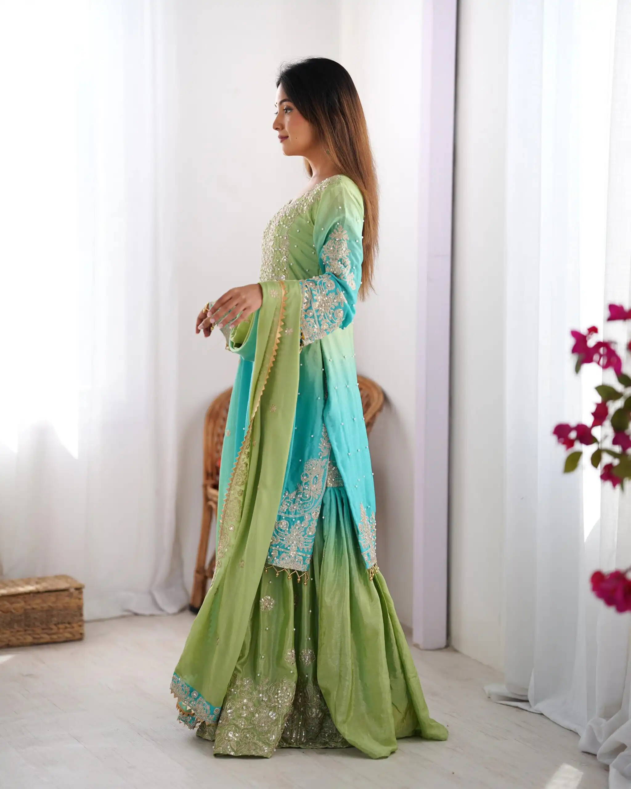 Stylist Green Chinon Silk Sequence Work Salwar Suit - Image 4