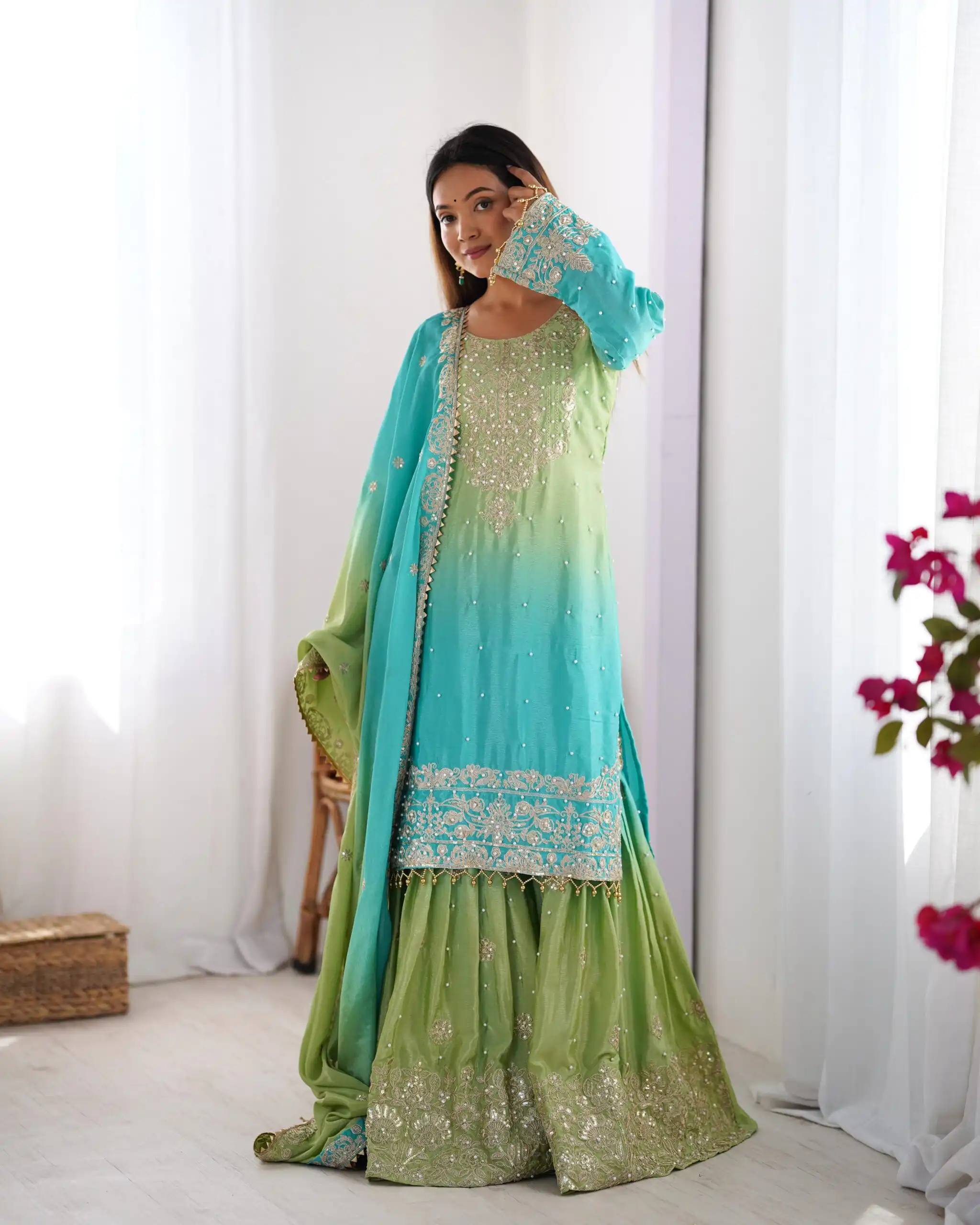 Stylist Green Chinon Silk Sequence Work Salwar Suit - Image 3