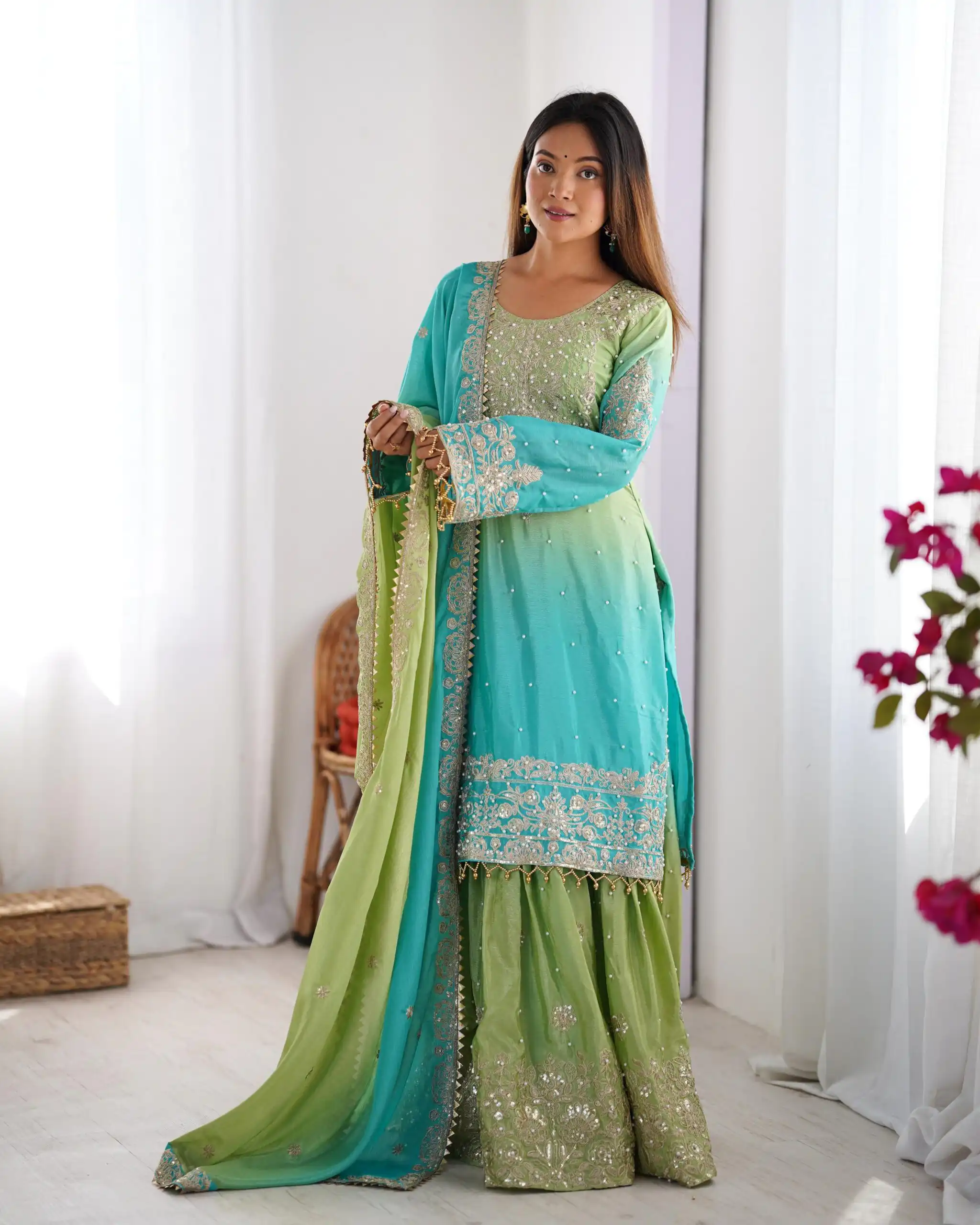 Stylist Green Chinon Silk Sequence Work Salwar Suit