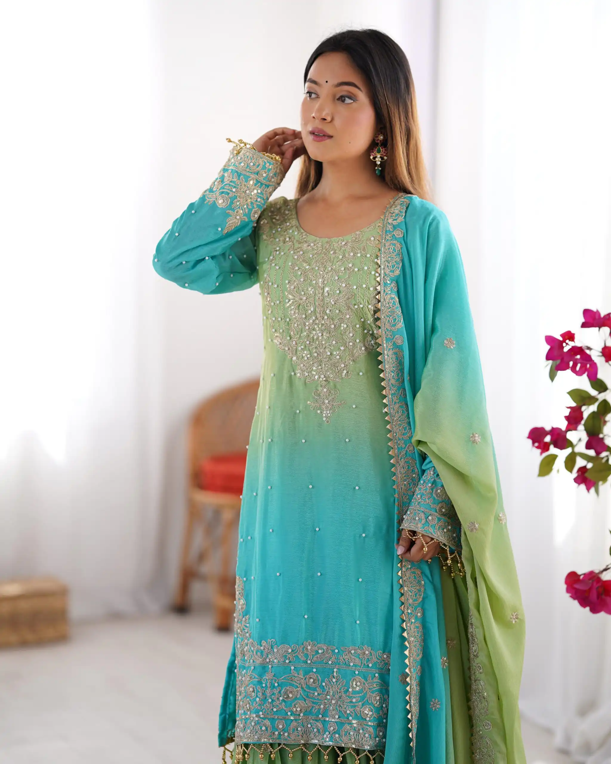 Stylist Green Chinon Silk Sequence Work Salwar Suit - Image 6