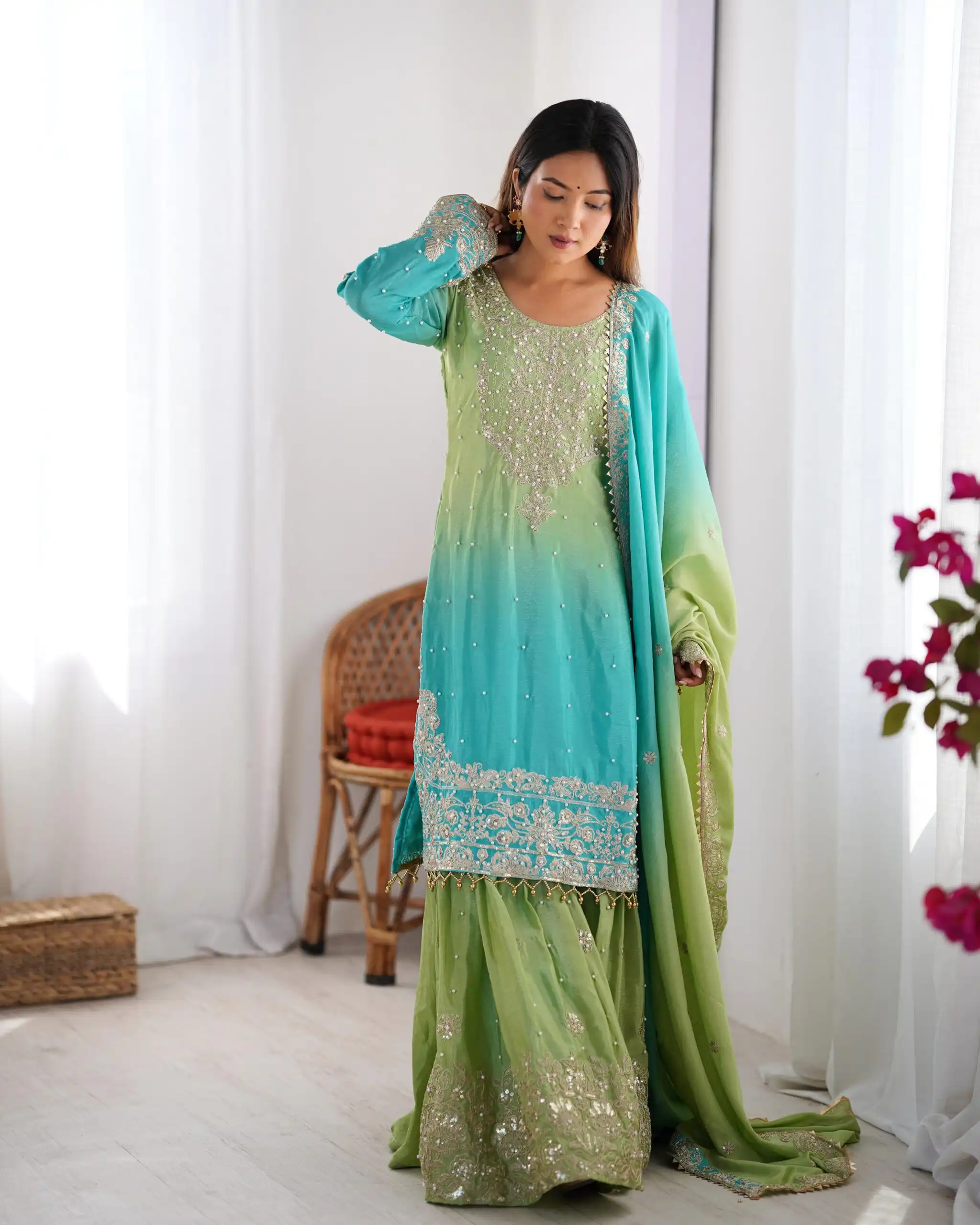 Stylist Green Chinon Silk Sequence Work Salwar Suit - Image 2