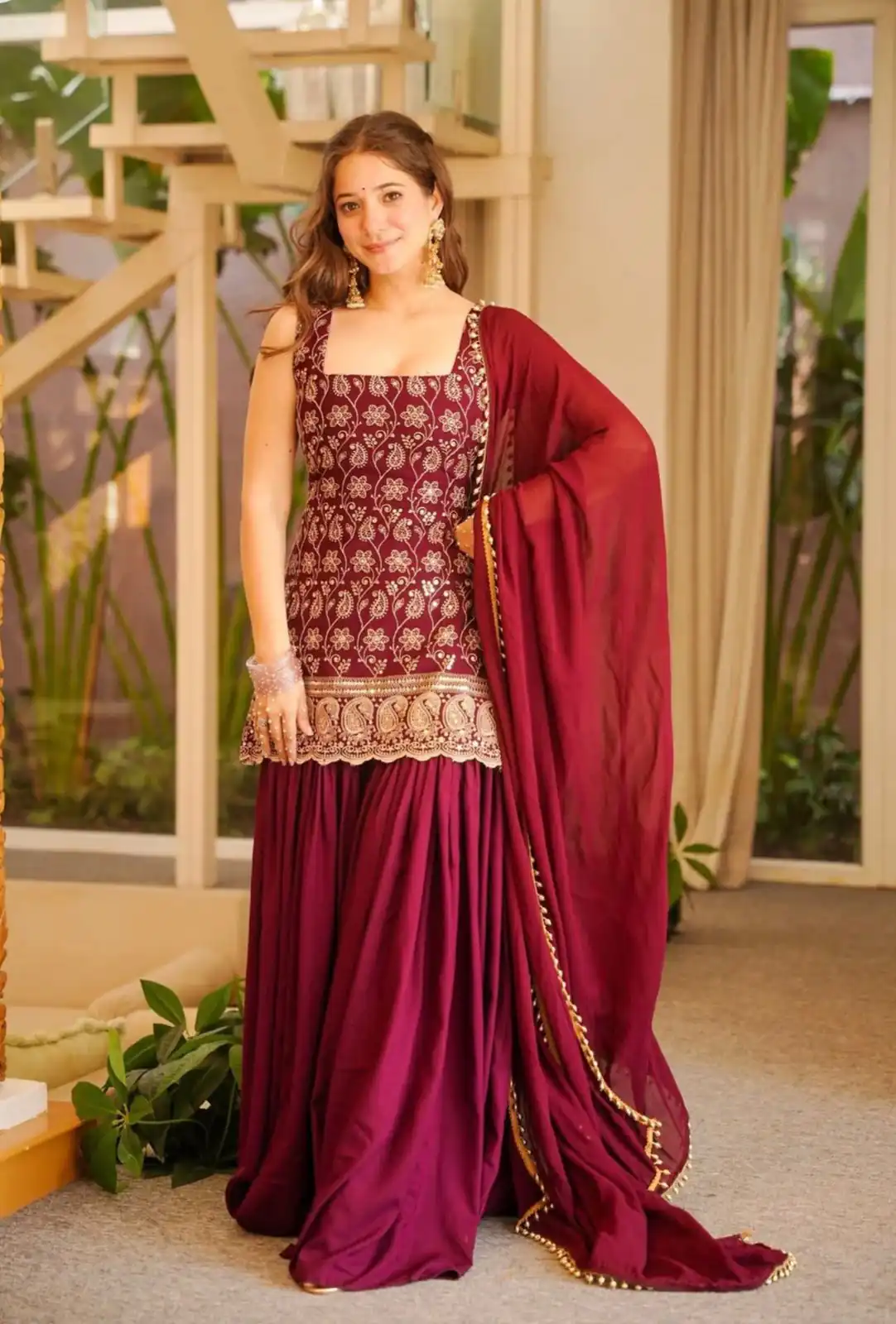 Stylist Red Blooming Faux Georgette Embroidery Work Salwar Suit - Image 2