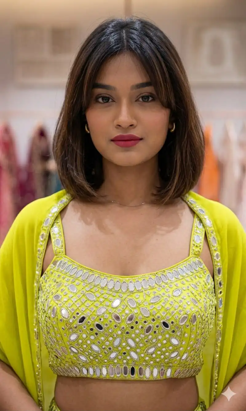 Super Lime Green French Crape Mirror Work Salwar Suit - Image 3