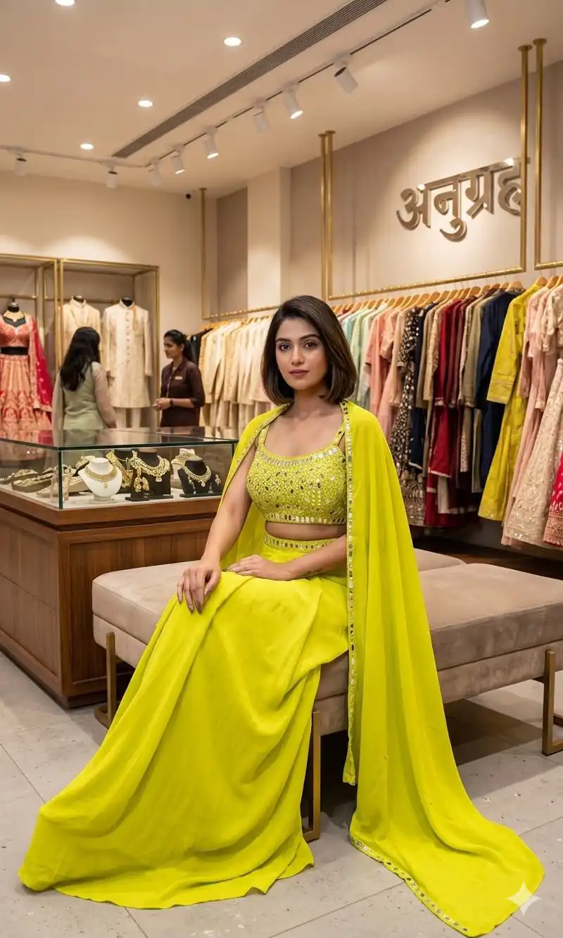 Super Lime Green French Crape Mirror Work Salwar Suit - Image 2