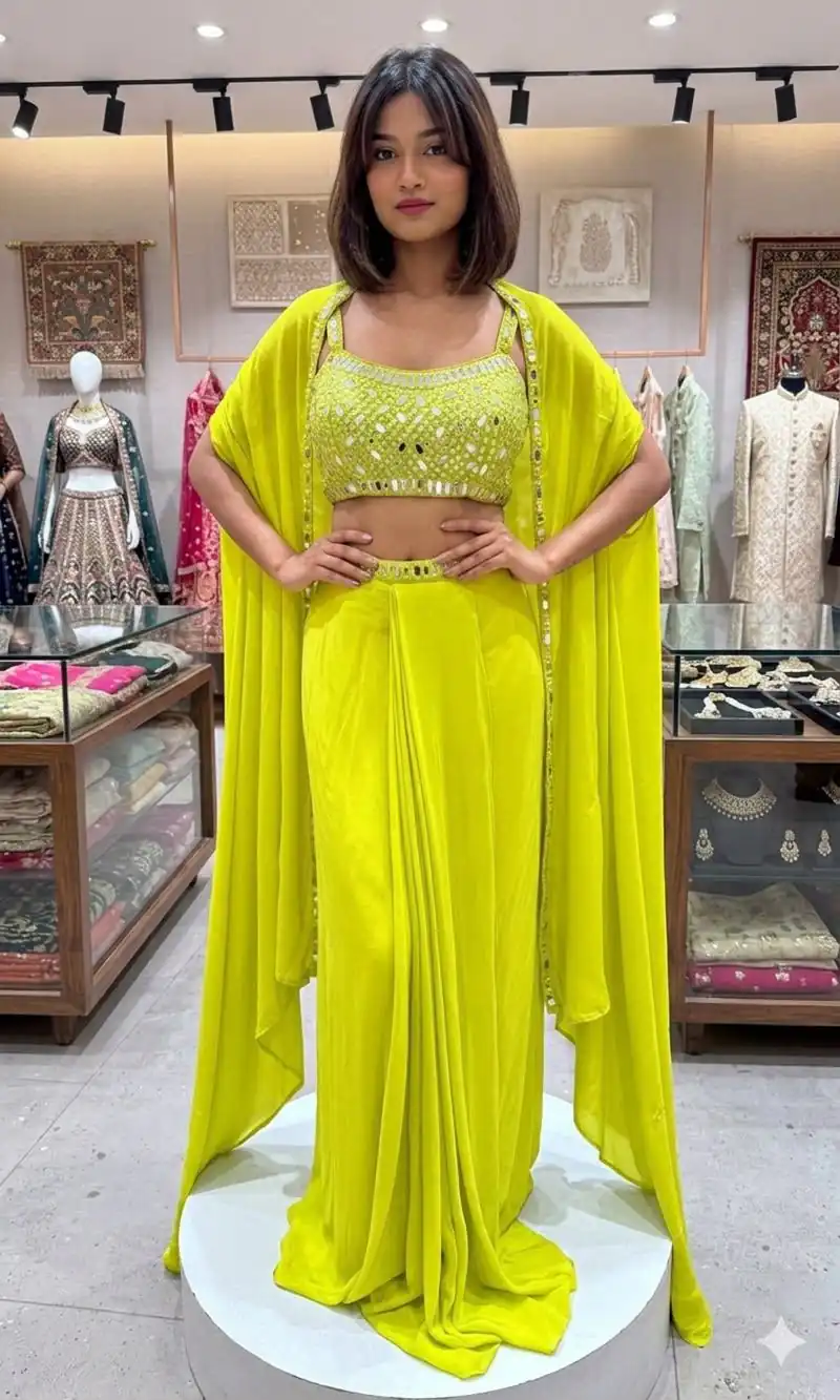 Super Lime Green French Crape Mirror Work Salwar Suit