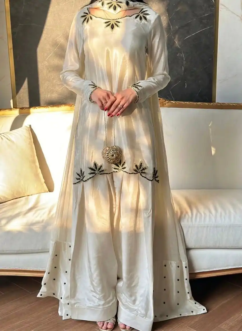 Super Off White Natural Crep Embroidery Work Salwar Suit - Image 2