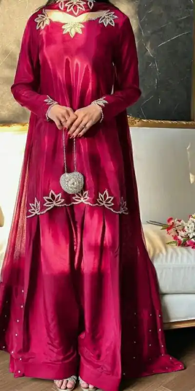 Alternative view of Super Pink Natural Crep Embroidery Work Salwar Suit