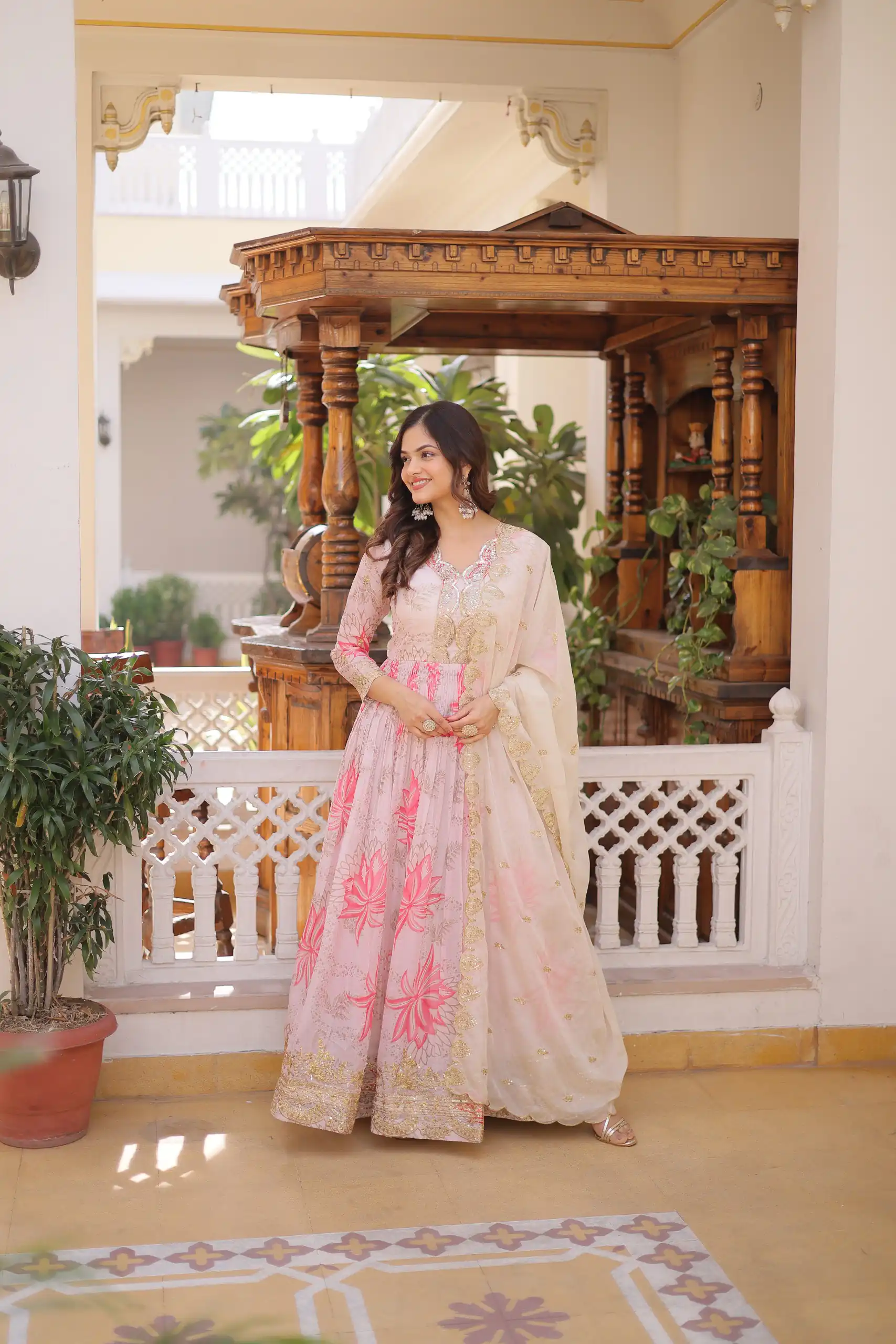 Traditional Cream Russian Silk Embroidery Work Gown - Image 2