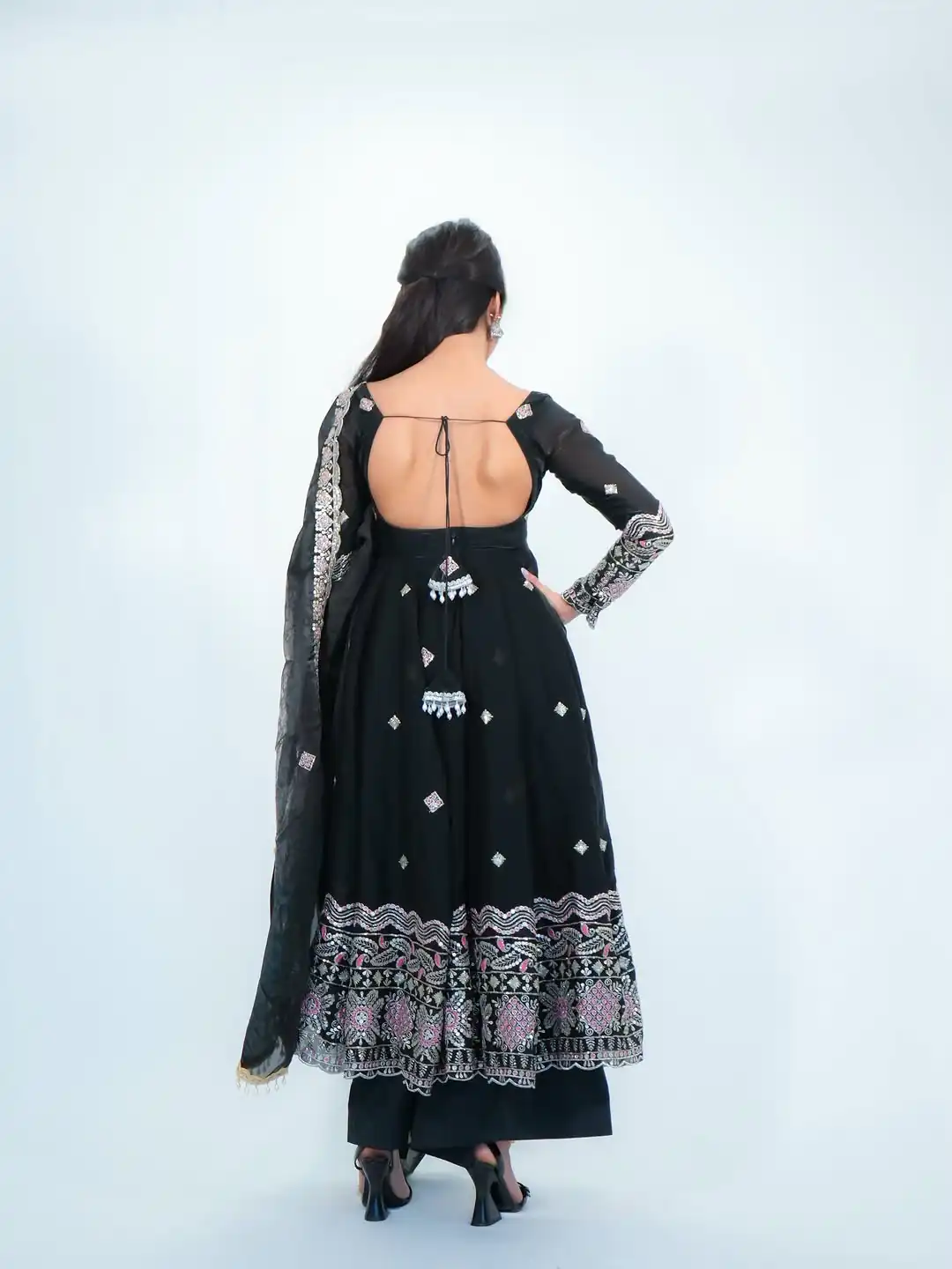 Trendy Black Fendy Silk Thread Work Anarkali Suit - Image 5
