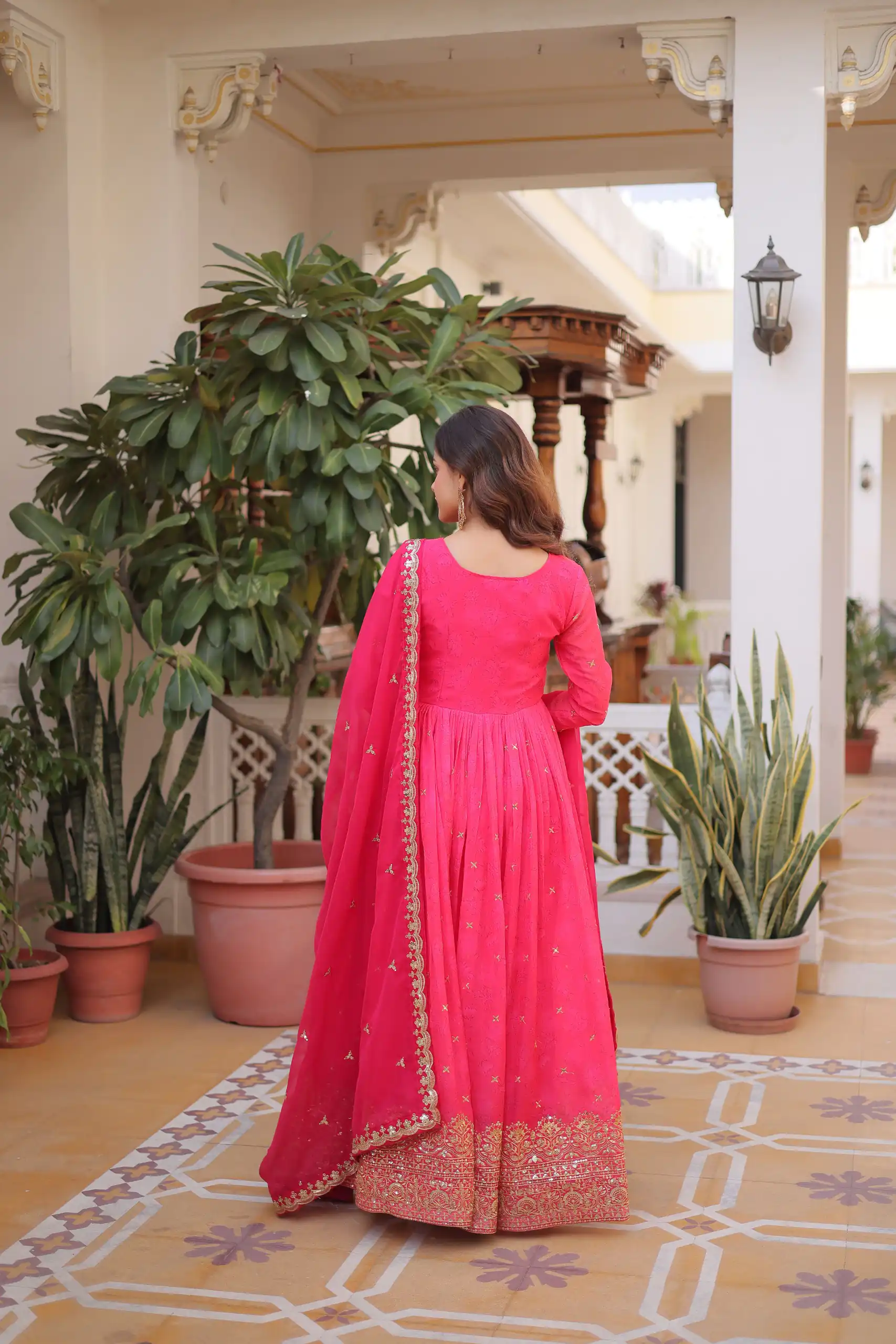 Trendy Pink Russian Silk Zari Embroidery Work Gown - Image 6