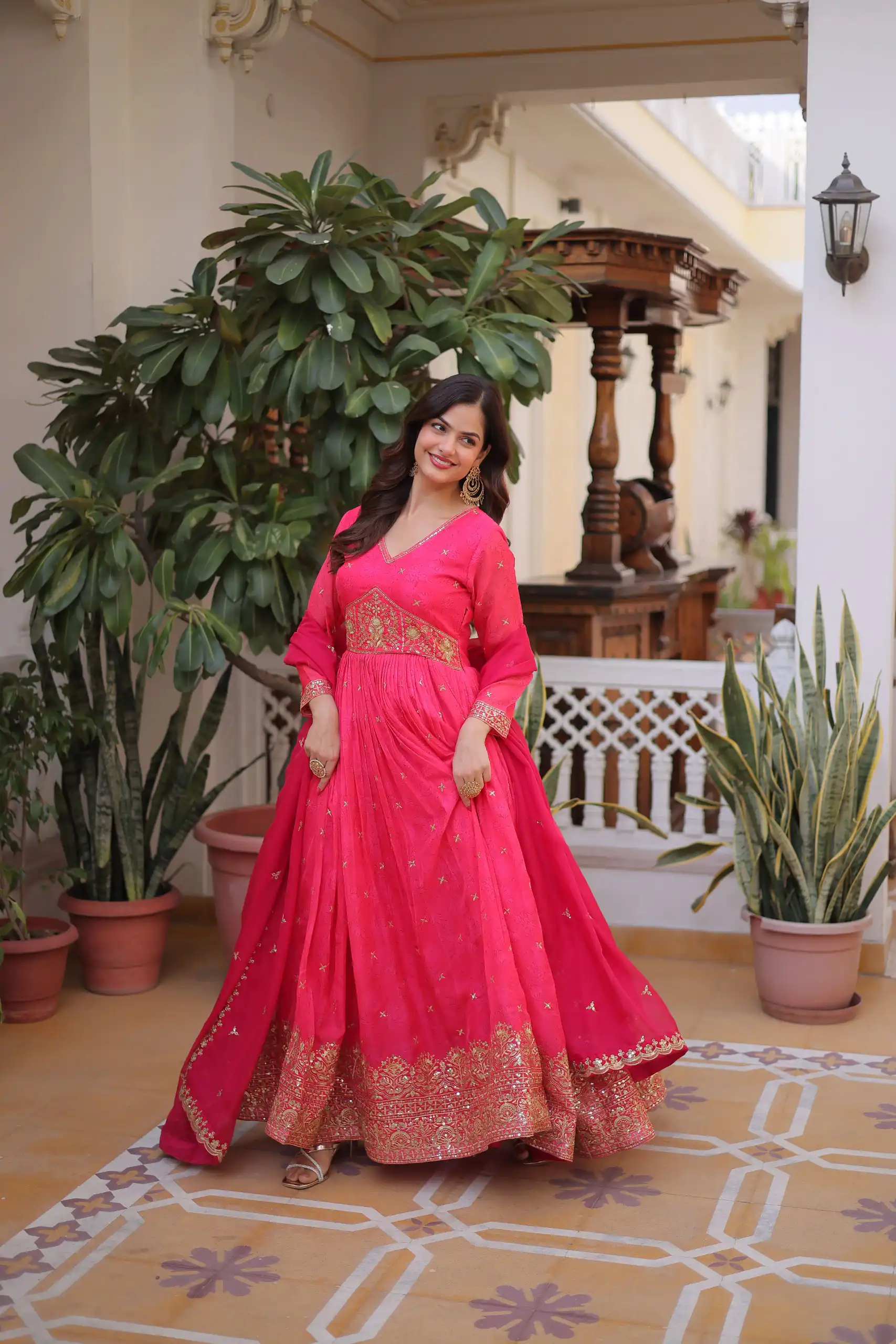 Trendy Pink Russian Silk Zari Embroidery Work Gown - Image 4