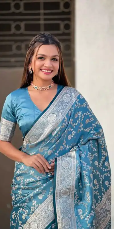 Alternative view of Unique Blue Lichi Silk Jacquard Work Saree