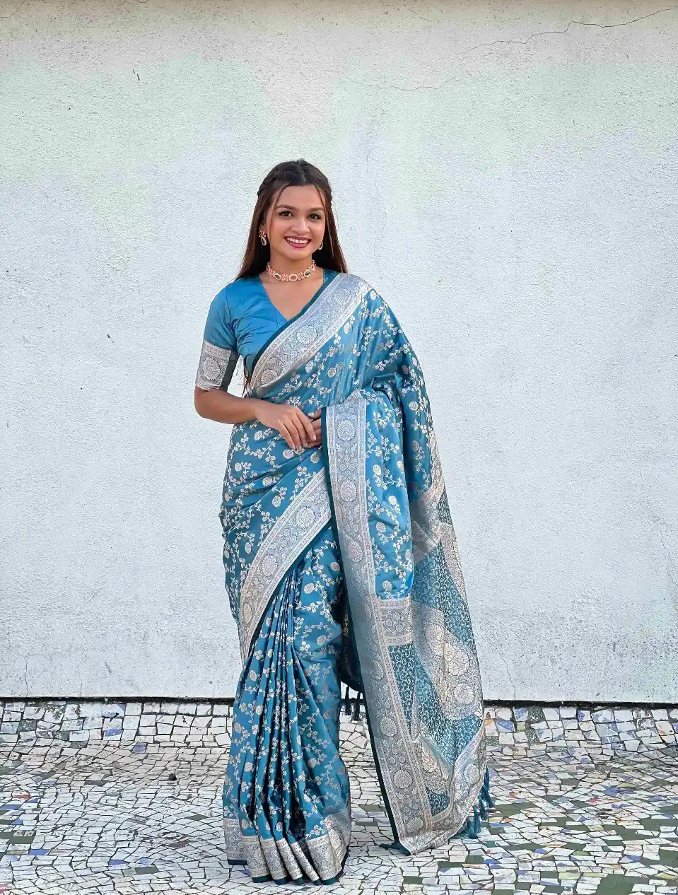 Unique Blue Lichi Silk Jacquard Work Saree