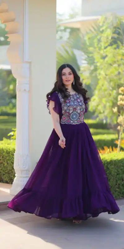 KA 1179 Purple Faux Blooming Gown with Embroidery Work & Sequins Work. Special Price βΉ1769. Delivery 4-6 Working Days. Shop now. | Gowns, Bollywood Gowns, Creative Gowns, Designer Gowns, Embroidered Gowns, Party Wear Gowns
