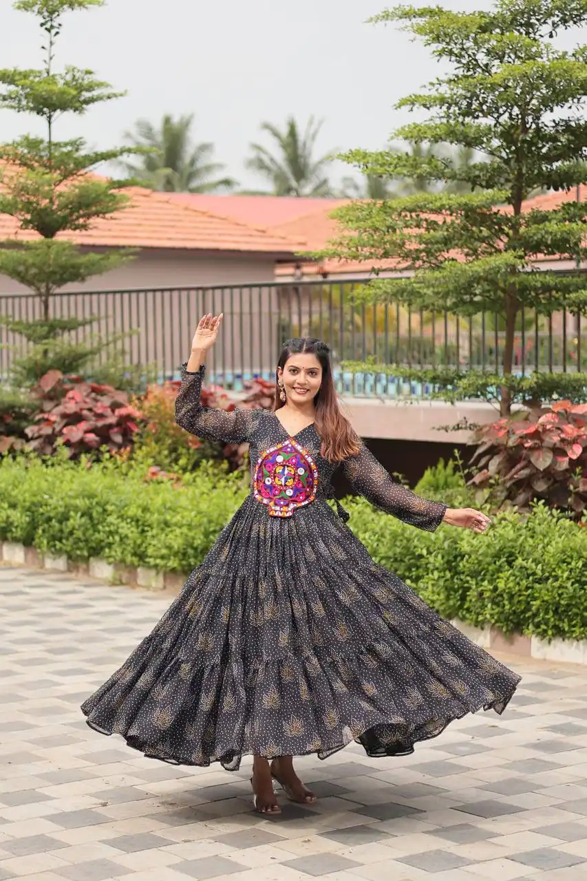 Ram 121 Black Color Faux Georgette Gown with Mirror Work. Wedding, Party, Festive, Events Get it for ₹1549. Delivery 4-6 Working Days.Online Shop now. | Gowns, Bollywood Gowns, Creative Gowns, Designer Gowns, Embroidered Gowns, Party Wear Gowns