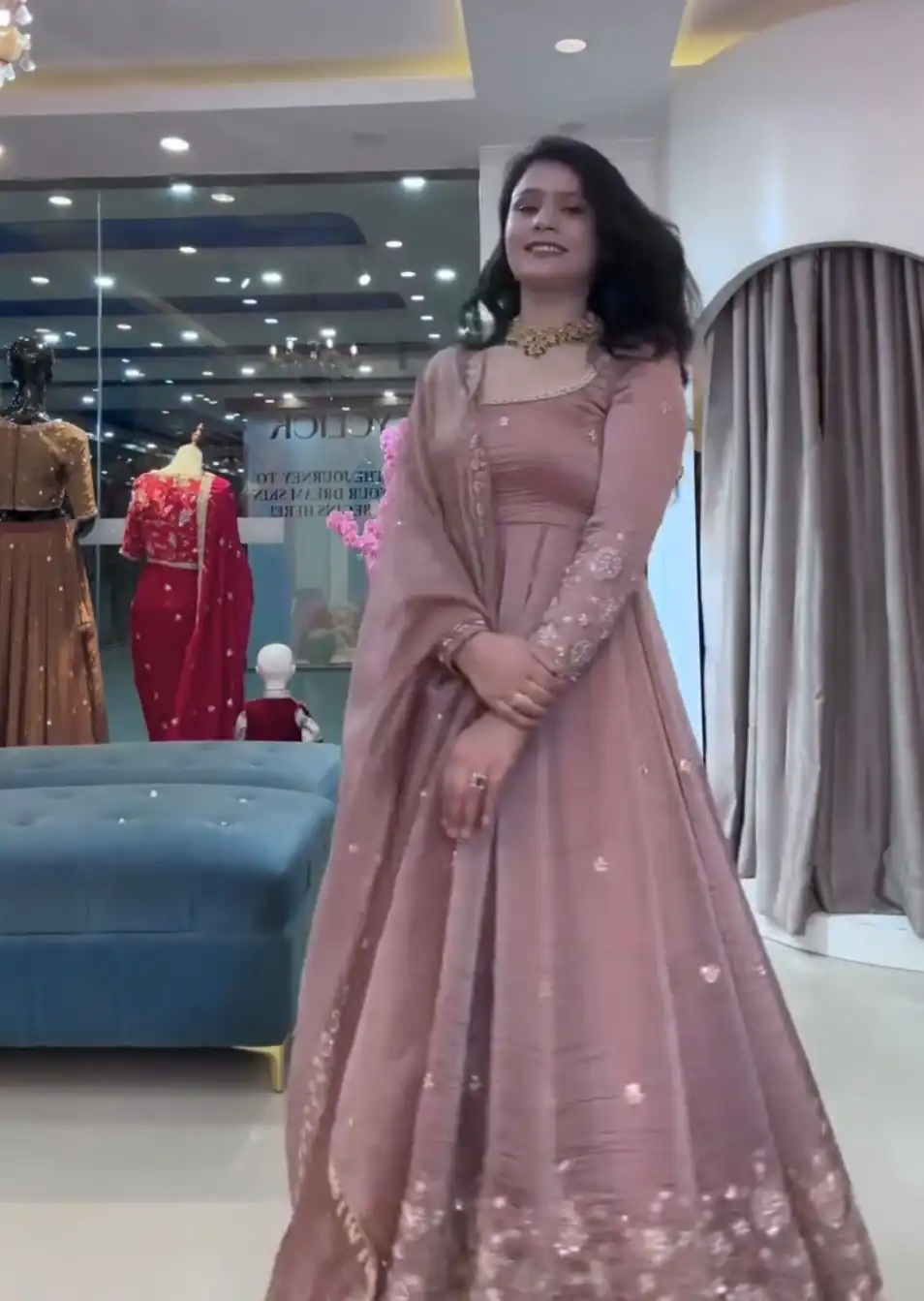 Elegant Onion Crunchy Silk Embroidery Cut Work Gown - Image 2