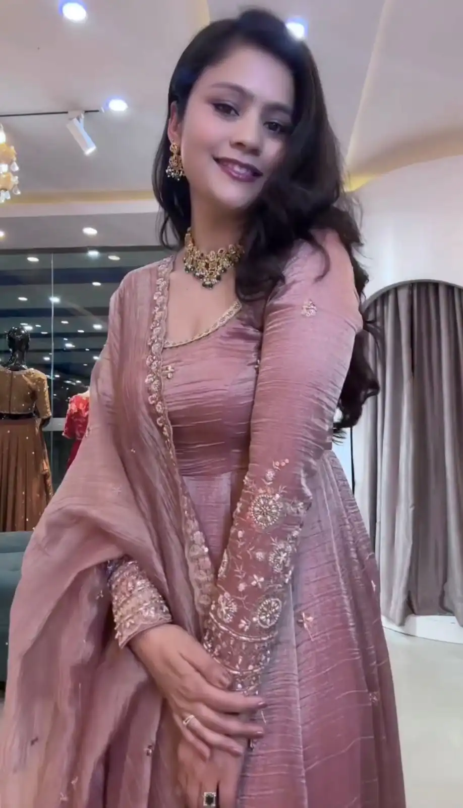 Elegant Onion Crunchy Silk Embroidery Cut Work Gown - Image 3