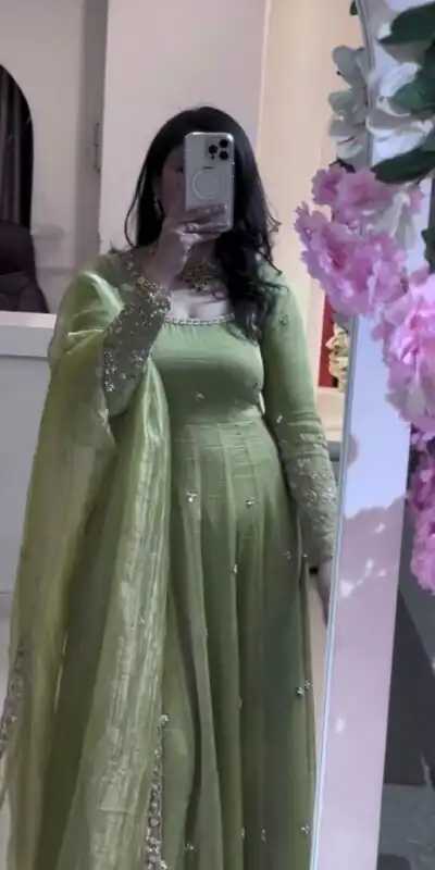 Alternative view of Elegant Parrot Green Crunchy Silk Embroidery Cut Work Gown