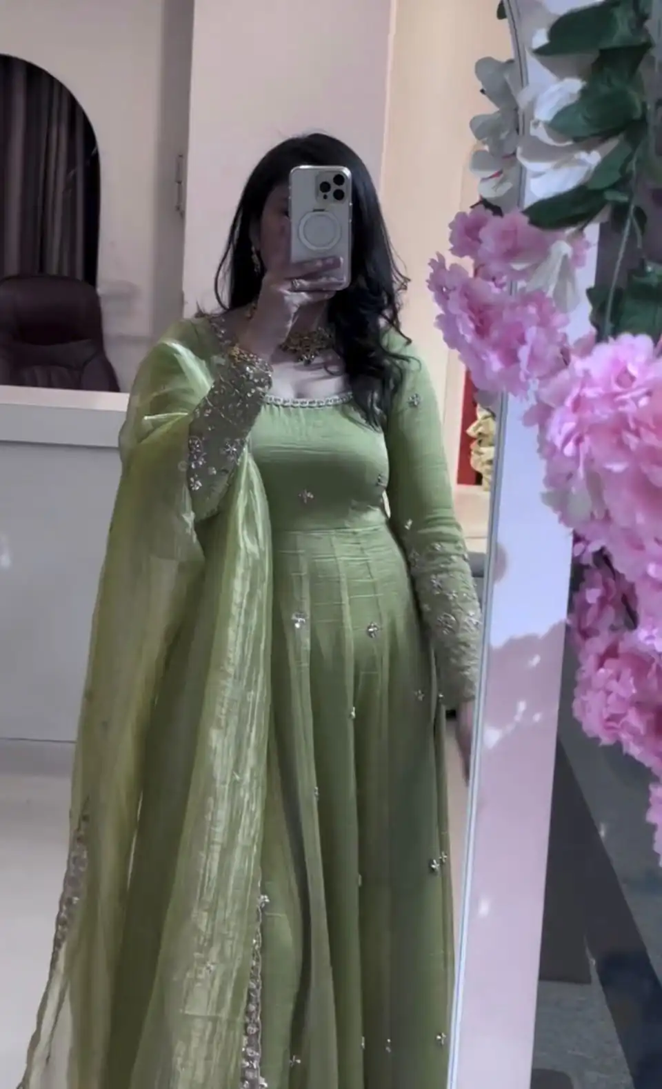 Elegant Parrot Green Crunchy Silk Embroidery Cut Work Gown - Image 2