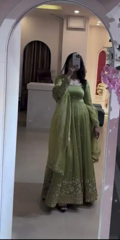 VLM 339 Parrot Green Crunchy Silk Gown Perfect for Wedding, Party, Housewarming, Haldi, β . Best Price βΉ2149. Delivery 4-6 Working Days. Shop now. | Gowns, Bollywood Gowns, Creative Gowns, Designer Gowns, Embroidered Gowns, Party Wear Gowns