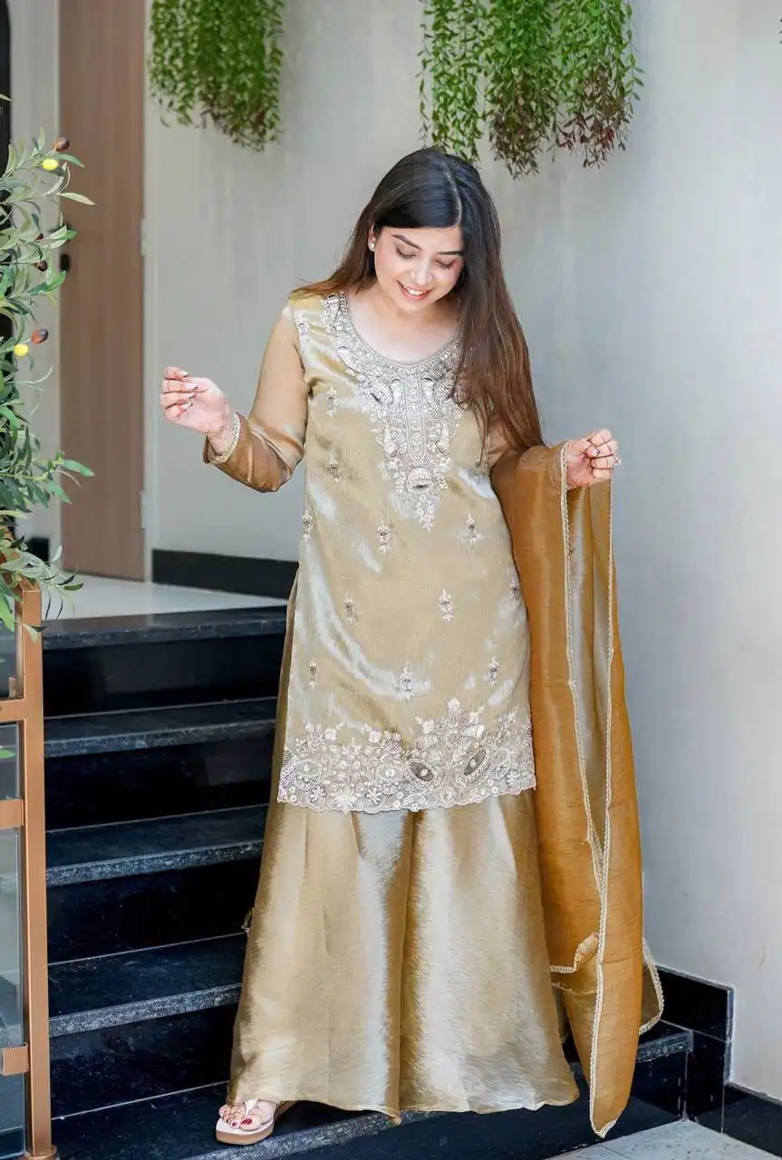 DC 114 Chiku Fandy Satin Salwar Suit with Embroidery Work & Lace Work. Exclusive Offer ₹1899. Delivery 4-6 Working Days. Shop now. | Jump Suits, Salwar suit, Casual Suits, Creative suits, Designer Suits, Palazzo Suits, Party Wear Suits, Patiala Suits, Straight Suits