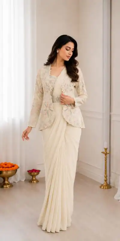 BB 62 Off White Crap Silk Saree with Embroidery Work. Wedding, Party, Festive, Events Festive Deal ₹2499. Delivery 4-6 Working Days. Shop now. | Sarees, Bollywood Sarees, Creative Sarees, Designer Sarees, Embroidered Sarees, Ethnic Saree, Modern Digital sarees, Party Wear Sarees