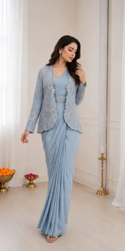 BB 62 Powder Blue Crap Silk Saree with Embroidery Work. Wedding, Party, Festive, Events Festive Deal ₹2499. Delivery 4-6 Working Days. Shop now. | Sarees, Bollywood Sarees, Creative Sarees, Designer Sarees, Embroidered Sarees, Ethnic Saree, Modern Digital sarees, Party Wear Sarees