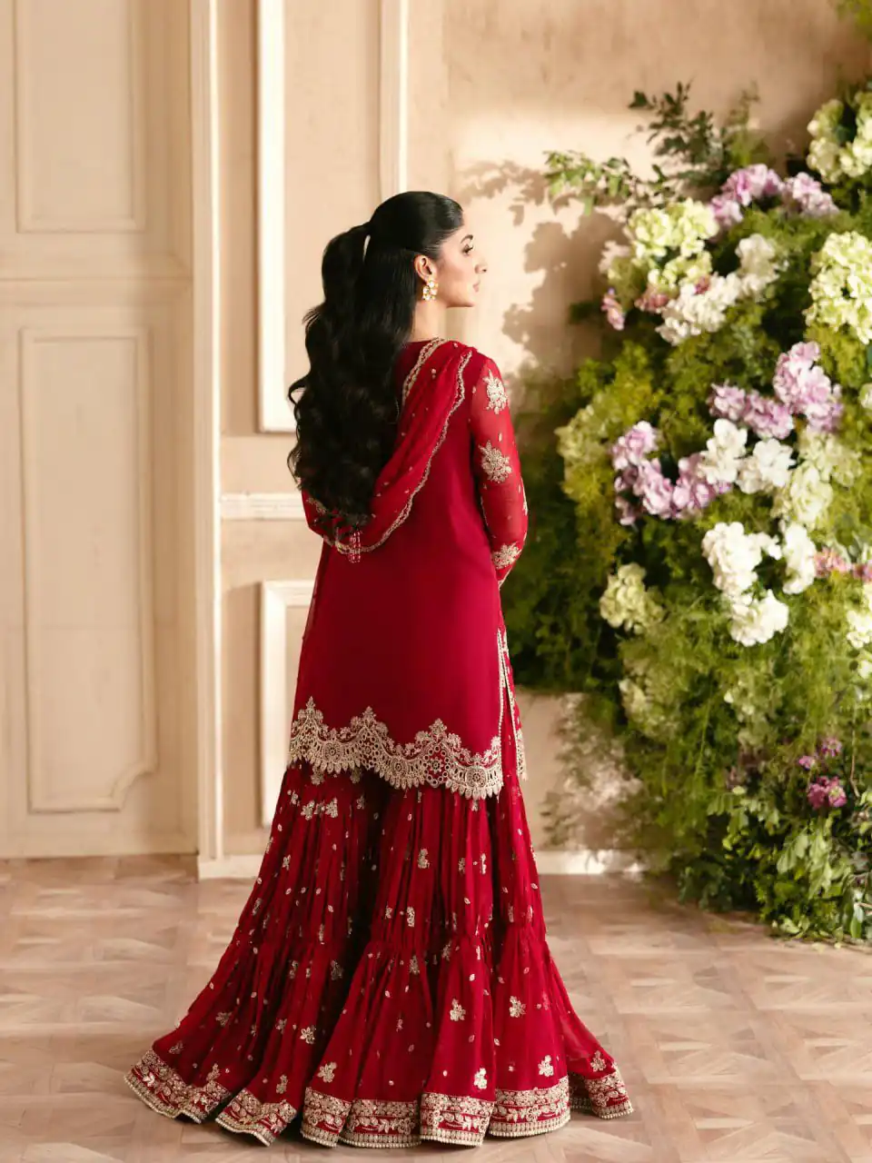 Fancy Red Faux Georgette Thread Work Salwar Suit - Image 3