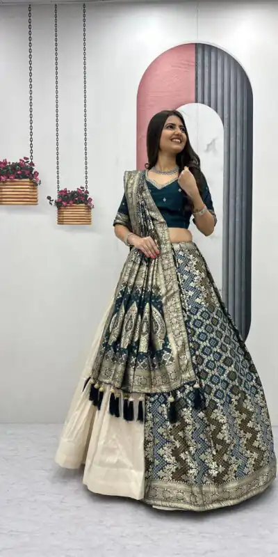 PC 560 Teal in Jacquard Silk Designer Work Lehenga Choli . Introductory Price βΉ3249. Delivery 4-6 Working Days. Shop now. | Lehenga, Bollywood Lehenga, Creative Lehenga, Designer Lehenga, Embroidered Lehenga, Party Wear Lehenga