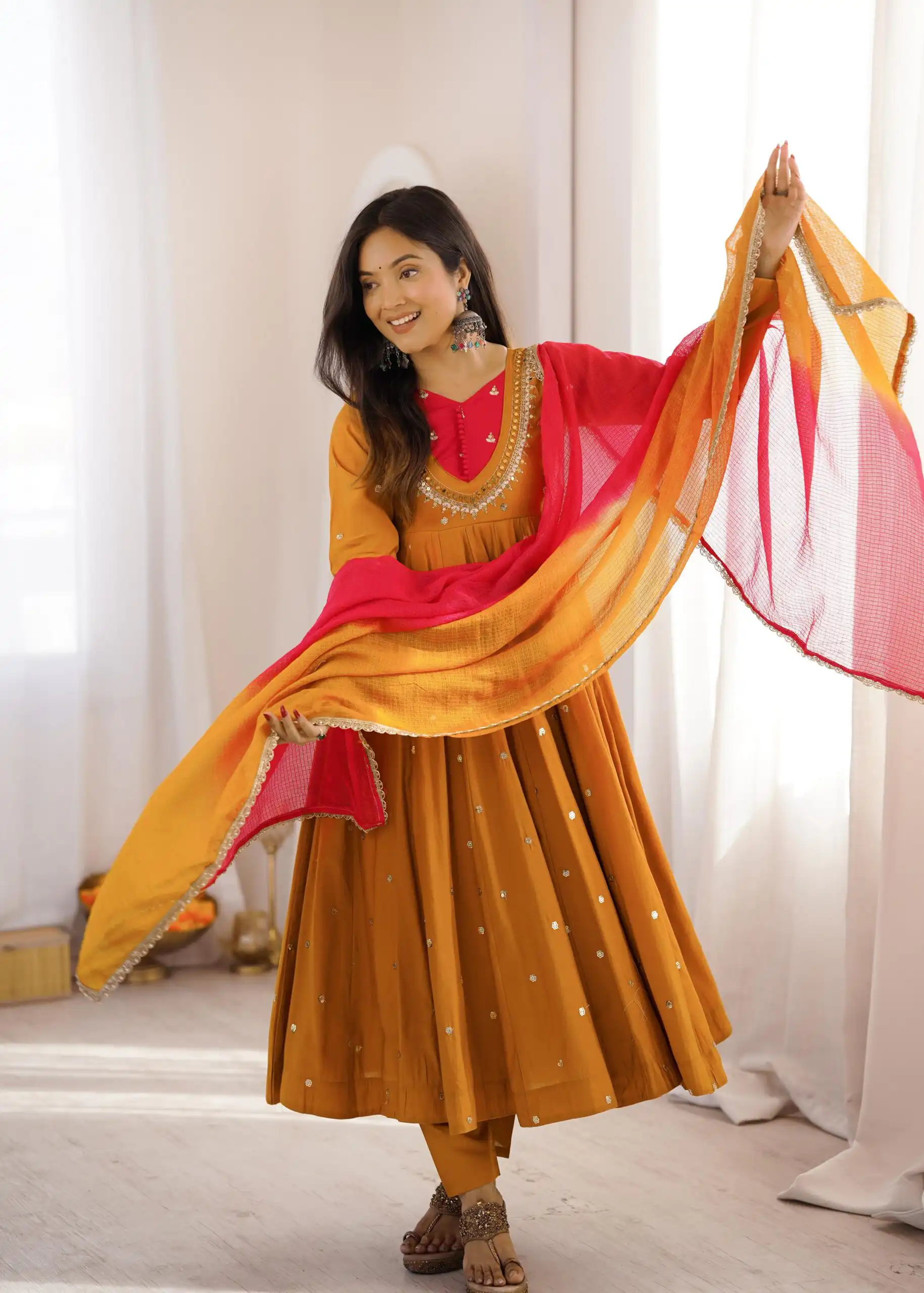 ZF 5023 Mustered Roman Silk Gown with Mirror Work & Embroidery Work. Special Price ₹2099. Delivery 4-6 Working Days. Shop now. | Gowns, Bollywood Gowns, Creative Gowns, Designer Gowns, Embroidered Gowns, Party Wear Gowns