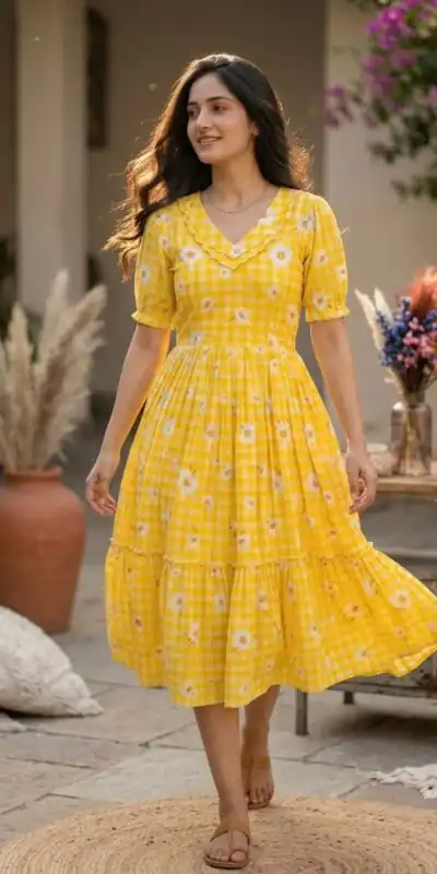Alternative view of Magical Mustard Muslin Silk Gingham Printed Kurti