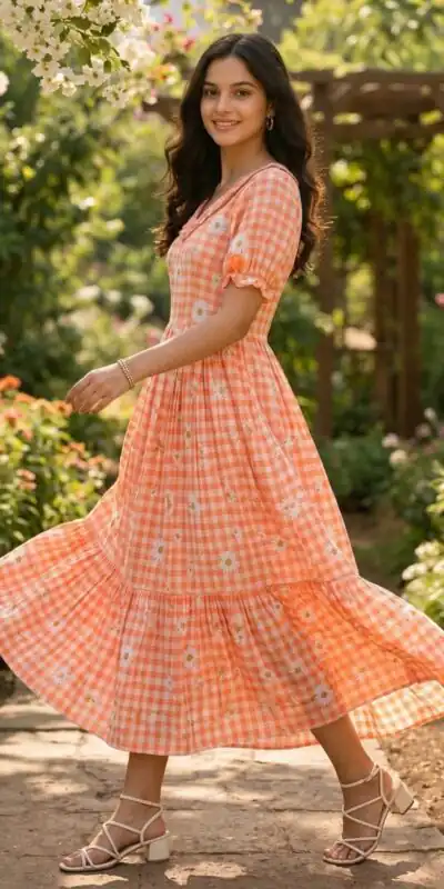 KA 1257 Peach Muslin Silk Gingham Printed Kurti with Designer Work. Special Price ₹1519. Delivery 4-6 Working Days. Shop now. | Kurti, Bollywood Kurti, Creative Kurtis, Designer Kurti, Party Wear Kurti, Selfie Kurti