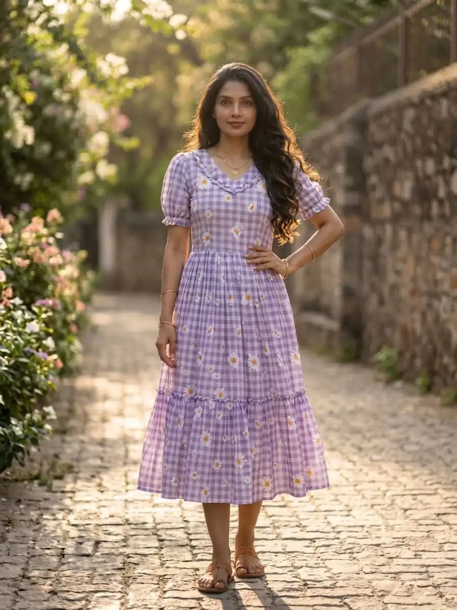 Magical Purple Muslin Silk Gingham Printed Kurti - Image 4