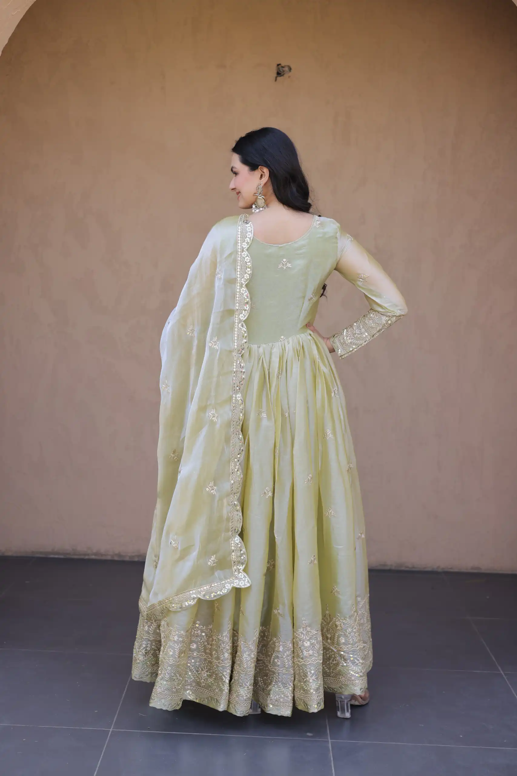 KA 1260 Light Pista Color Fendi Silk Gown with Embroidery Work & Zari Work. Now at just ₹2599. Delivery 4-6 Working Days. Shop now. | Gowns, Bollywood Gowns, Creative Gowns, Designer Gowns, Embroidered Gowns, Party Wear Gowns