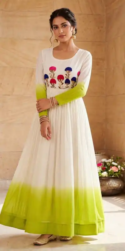 KA 1263 Green |Star Georgette Gown with Thread Embroidery & Embroidery Work. Special Price βΉ1669. Delivery 4-6 Working Days. Shop now. | Gowns, Bollywood Gowns, Creative Gowns, Designer Gowns, Embroidered Gowns, Party Wear Gowns