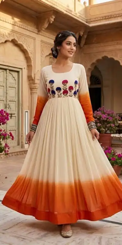 KA 1263 Orange |Star Georgette Gown with Thread Embroidery & Embroidery Work. Special Price βΉ1669. Delivery 4-6 Working Days. Shop now. | Gowns, Bollywood Gowns, Creative Gowns, Designer Gowns, Embroidered Gowns, Party Wear Gowns