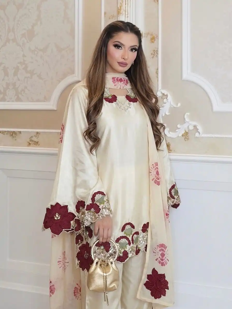 ZSR 3171 Cream Color Roman Silk Salwar Suit with Embroidery Work. Available at ₹2449 only. Delivery 4-6 Working Days. Shop now. | Jump Suits, Salwar suit, Casual Suits, Creative suits, Designer Suits, Palazzo Suits, Party Wear Suits, Patiala Suits, Straight Suits