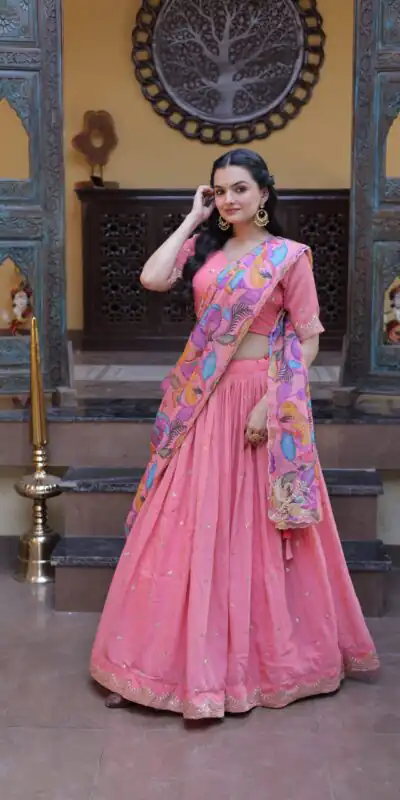 KA 5069 Peach Cosmos Silk Lehenga Choli with Zari & Embroidery Work. Introductory Price ₹2499. Delivery 4-6 Working Days. Shop now. | Lehenga, Bollywood Lehenga, Creative Lehenga, Designer Lehenga, Embroidered Lehenga, Party Wear Lehenga