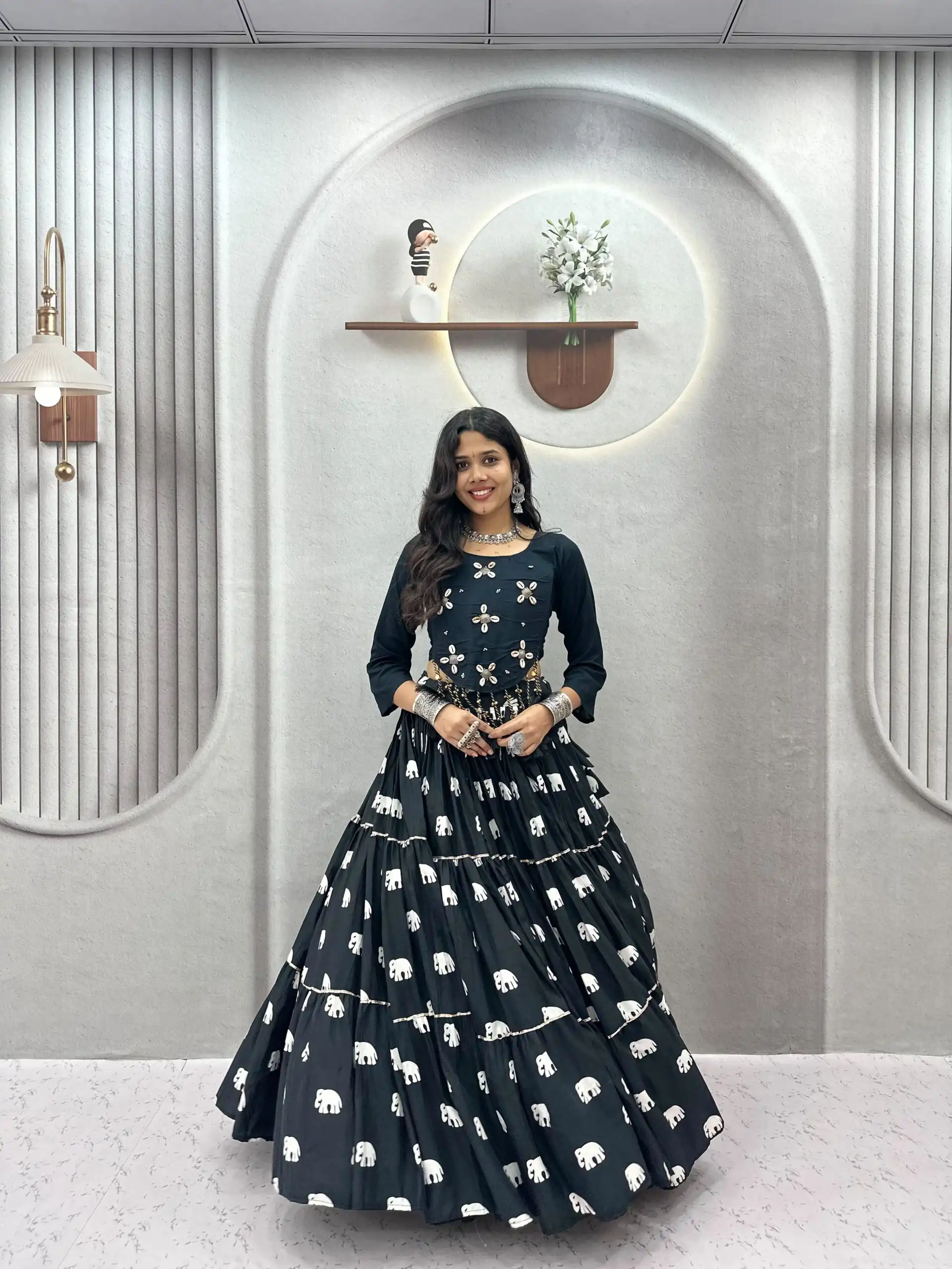 Stylish Black Pure Cotton Cowrie Work Lehenga Choli - Image 2