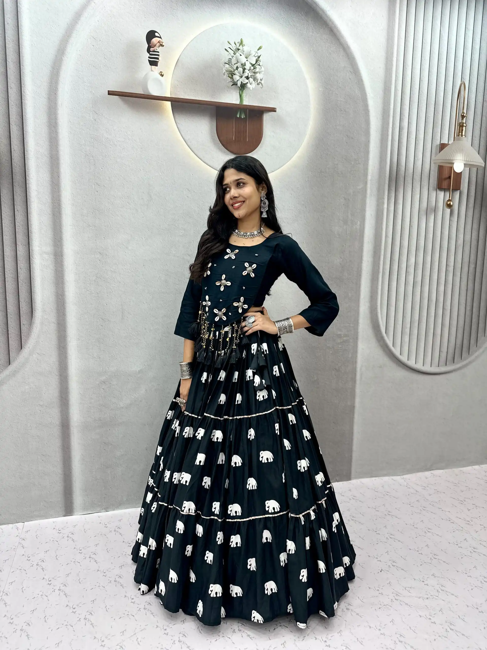 Stylish Black Pure Cotton Cowrie Work Lehenga Choli - Image 4