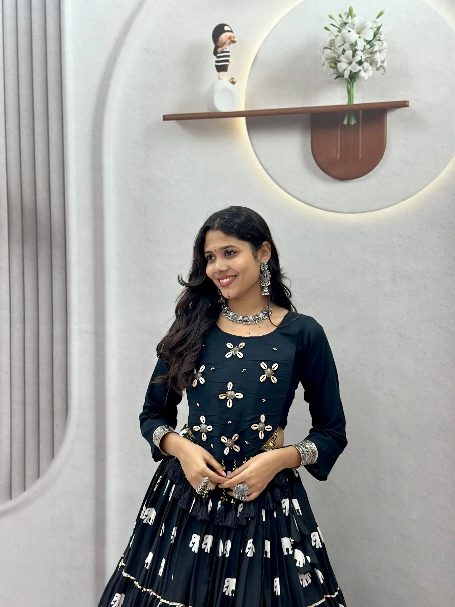 Stylish Black Pure Cotton Cowrie Work Lehenga Choli - Image 6