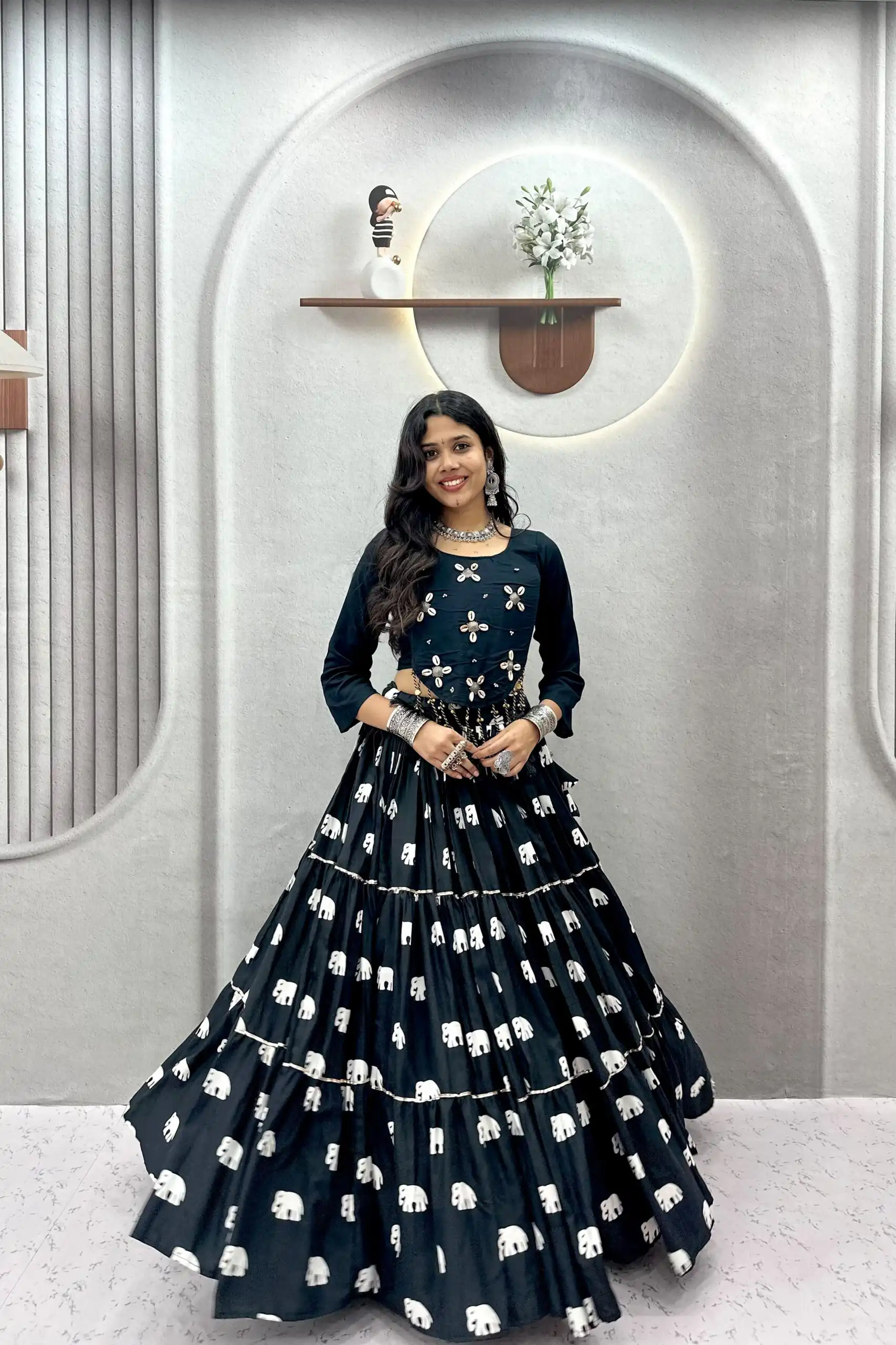 Stylish Black Pure Cotton Cowrie Work Lehenga Choli