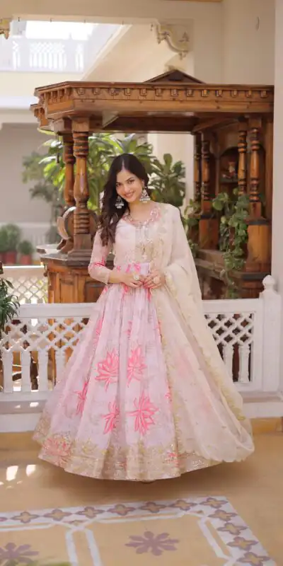 KA 1243 CreamColor Russian Silk Gown with Zari Work & Embroidery Work. Now at just ₹2499. Delivery 4-6 Working Days. Shop now. | Gowns, Bollywood Gowns, Creative Gowns, Designer Gowns, Embroidered Gowns, Party Wear Gowns