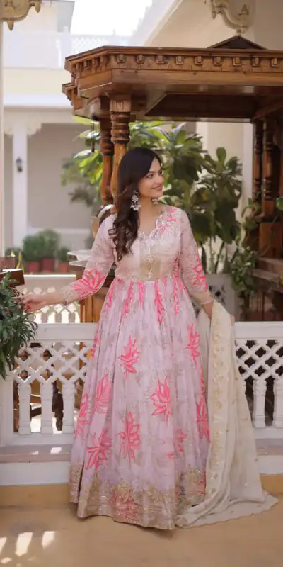 KA 1243 CreamColor Russian Silk Gown with Zari Work & Embroidery Work. Now at just ₹2499. Delivery 4-6 Working Days. Shop now. | Gowns, Bollywood Gowns, Creative Gowns, Designer Gowns, Embroidered Gowns, Party Wear Gowns
