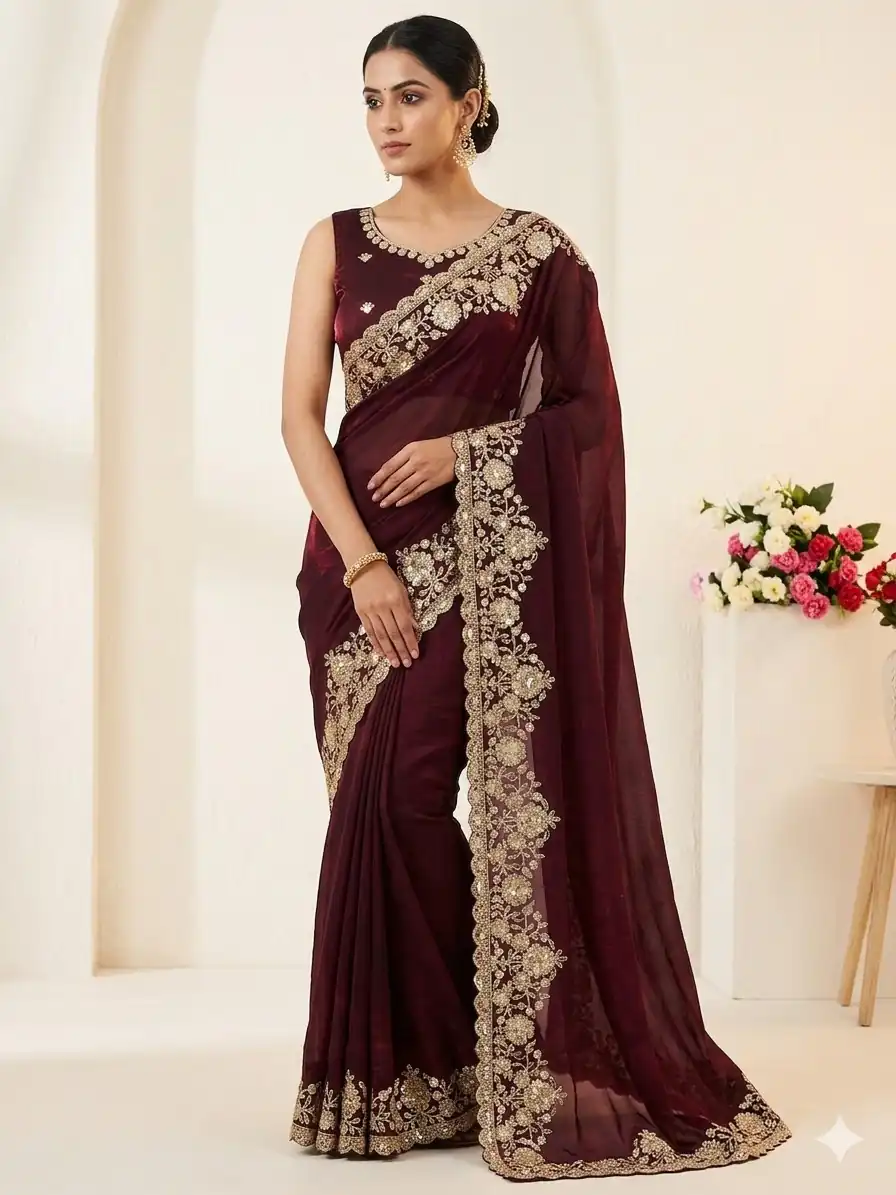 JR 670 Maroon in Space Silk Embroidery Work & Zari Work Saree . Available at ₹1949 only. Delivery 4-6 Working Days. Shop now. | Sarees, Bollywood Sarees, Creative Sarees, Designer Sarees, Embroidered Sarees, Ethnic Saree, Modern Digital sarees, Party Wear Sarees